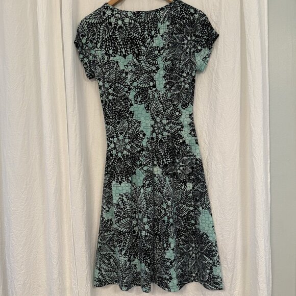 Connected Apparel Aqua/Teal Blue & Black Boho Midi Dress Size 4 Petite - Picture 3 of 7